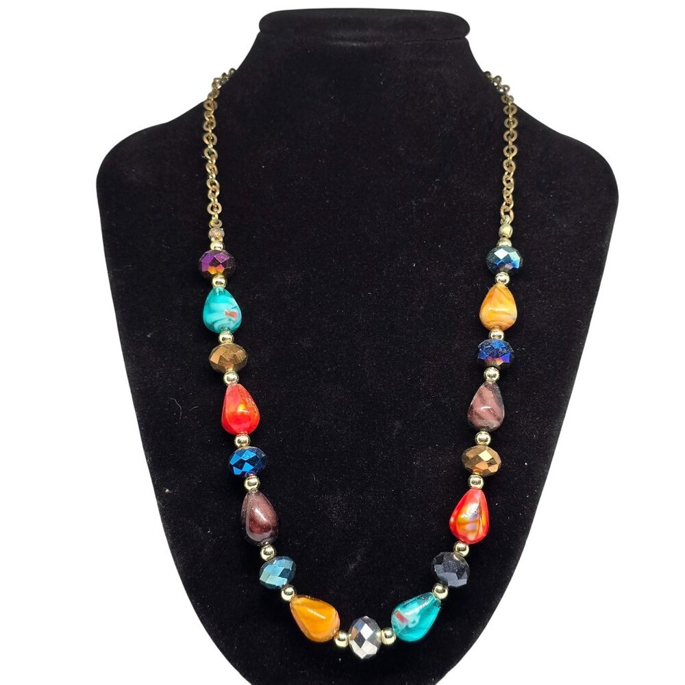 Multicolor Beaded Necklace 18" Gold Tone Chain Glass Acrylic Teardrop Boho State